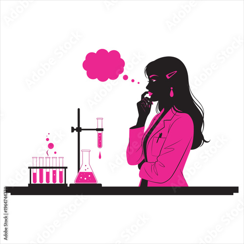 A woman in a pink lab coat thinking at a laboratory bench Vector