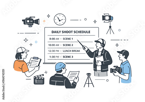 Production Shoot Day Planning. A calm morning briefing scene where a director points to a daily shoot schedule board with scenes and time slots. Crew members