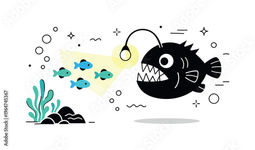 Bioluminescent Anglerfish Scene. A stylized anglerfish illuminating a dark deep-sea trench with its glowing lure while smaller fish swim nearby. Floating