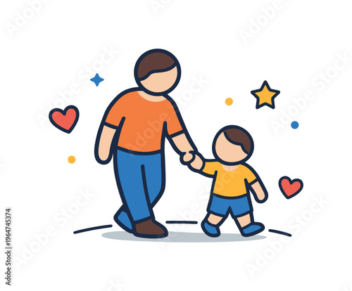 Parenthood nurturing a small child illustrated with a parent gently holding a child?s hand while walking forward along a simple path with tiny hearts and stars