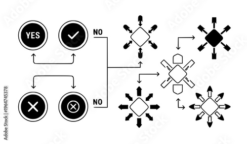 A black and white vector graphic flowchart illustration showing decision making process with yes no options and multiple arrows
