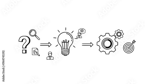 A vector graphic illustration depicting a creative process from idea generation to implementation with various icons and symbols