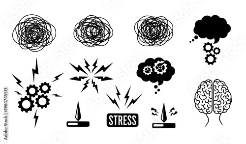 A vector graphic illustration of various stress related icons and symbols on a white background including thought bubbles gears lightning and a brain