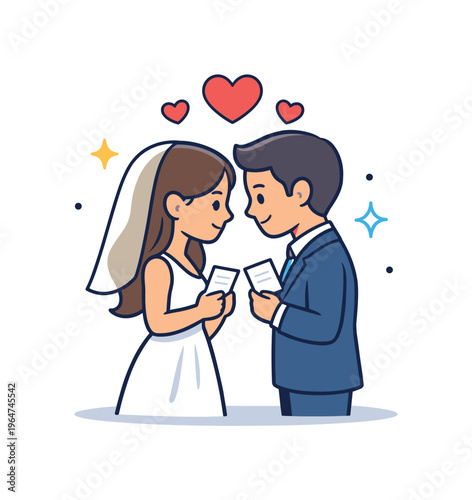 Quiet wedding vow scene couple standing closely together sharing personal promises while soft decorative hearts and subtle sparkles convey warmth intimacy and