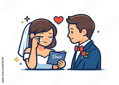 Emotional vow reading bride wiping a joyful tear while holding a small vow booklet as the partner listens attentively, expressing sincerity and vulnerability