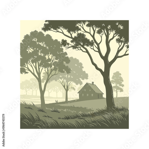 Slika na platnu Monochromatic landscape, greenish illustration, rural scenery, countryside view