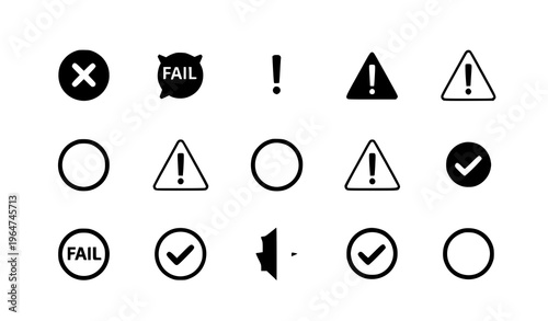 Free Download A set of black and white vector icons depicting warning signs and symbols of failure and success on a transparent background - GFXLoad