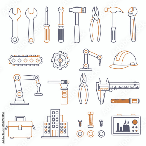 set of colorful tools editable line art vector design, tool, equipment, tools, isolated, set, hammer, screwdriver, vector, metal, work, white, wrench, pliers, steel, illustration, icon, construction