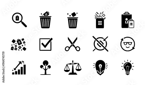 A set of black and white flat design icons representing various business and productivity concepts on a transparent background