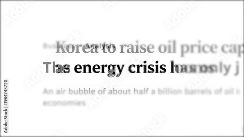 Fast camera movement over newspaper articles and headlines focusing on the global energy crisis, electricity prices, and economic instability in European countries