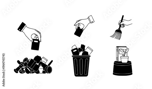 A black and white vector graphic illustration of various household waste management icons including hands disposing of trash and a broom with a trash can and recycling bin