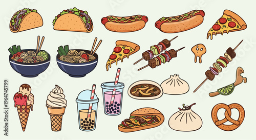 Flat Vector Collection of Popular Street Food and Fast Food Icons
