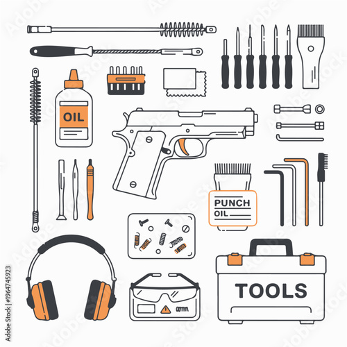 set of gun fixing tools editable vector design, tool, equipment, tools, isolated, set, hammer, screwdriver, vector, metal, work, white, wrench, pliers, steel, illustration, icon, dental, construction
