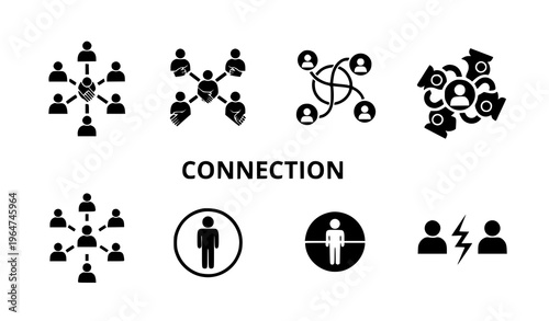 A set of flat black vector icons depicting various concepts of human connection and relationships in a minimal design style on a white background