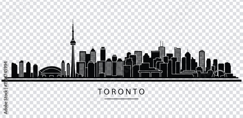 Vector illustration black silhouette of toronto city skyline with notable landmarks and buildings