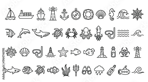 Marine Life & Nautical Icon Set, vector line symbols of sea creatures, sailboats, anchors, lighthouses, coral reefs, navigation elements, underwater wildlife, ocean exploration, pictograms
