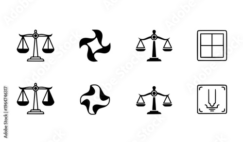 A set of eight black and white vector icons depicting scales of justice and other legal symbols on a plain white background for use in graphic design or digital illustrations.