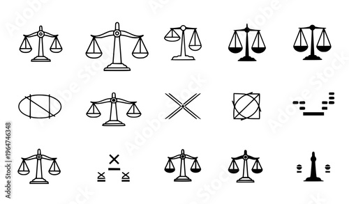 A collection of black and white vector graphic icons depicting scales of justice and mathematical symbols in various line art styles on a white background