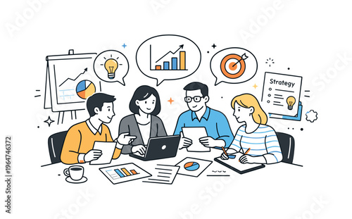 Marketing strategy meeting. A small team of office workers gathered around a table, discussing charts and ideas with calm collaboration and focused