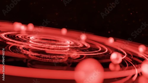 Abstract Red Swirling Orbits With Glowing Spheres in Dark Space, Futuristic Motion Background