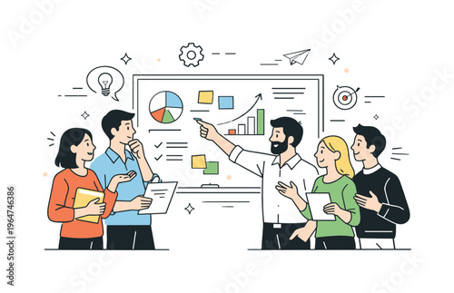 Brainstorming marketing ideas. A group of office workers standing near a whiteboard filled with simple charts and notes, exchanging thoughts and building