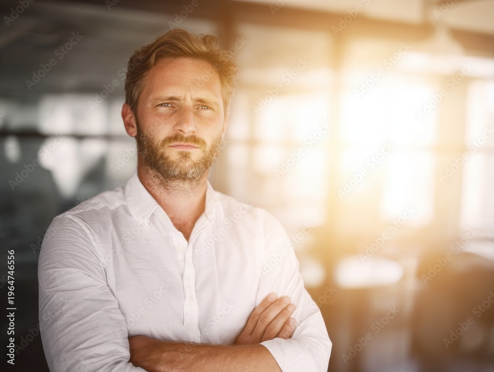Obraz premium professional man career ambition on a blured office background with natural sunlight