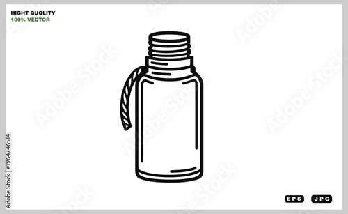 A simple black and white illustration of a glass bottle with a rope handle