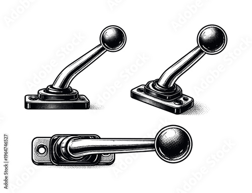 Ball handle control lever. A metal control lever with a spherical knob handle shown in three views including side profile, angled perspective, and