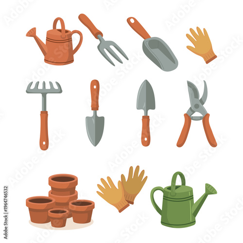 Gardening tools set. Collection of farm equipment, watering cans, terracotta pots and planting tools. Spring garden elements for horticulture, farming and backyard work. Flat vector illustration isola