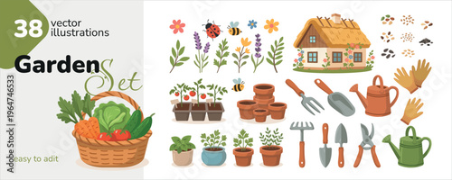 PrintGarden set. Collection of gardening tools, plants, seedlings and farmhouse. Spring garden elements for farming, planting, home gardening and decor. Flat vector illustration isolated on white back