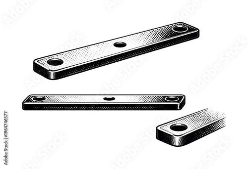Flat bar lever arm. A straight industrial lever arm with drilled mounting holes shown in three views capturing thickness, length, and edge geometry. Black and