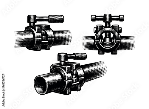 Pipe clamp fixture. A pipe-mounted clamp with threaded tightening assembly shown in three views emphasizing cylindrical alignment and pressure surfaces. Black