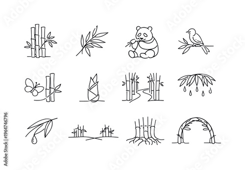 Bamboo Nature Ecosystem. Minimalistic set one-line drawing [bamboo stalk cluster, bamboo leaves sprig, panda eating bamboo, small bird on bamboo, butterfly