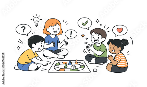 Kids Playing Cooperative Game. Children sitting in a circle playing a simple board game, discussing moves and reacting with excitement while small icons and