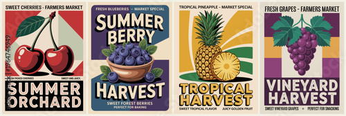 Colorful fruit labels celebrate seasonal abundance. Red cherries, blueberries, pineapple, and grapes shine. Bright text announces harvests in summer and tropical zones
