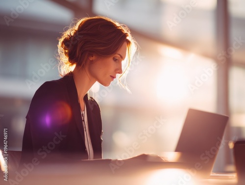 executive woman laptop working on a blured office background with natural sunlight