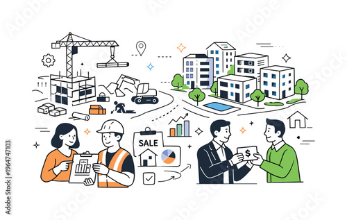 Real Estate Development Scene. Bird?s-eye view of a construction site transitioning into modern residential blocks, with sales or planning elements subtly