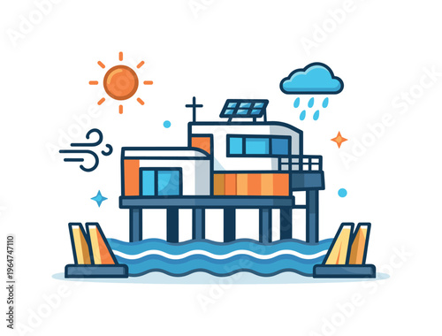 Climate adaptive architecture focused on a modular building with elevated foundations and protective barriers, conveying innovation and resilience against