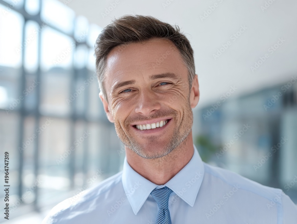 Fototapeta premium corporate man friendly smile on a blured office background with natural sunlight
