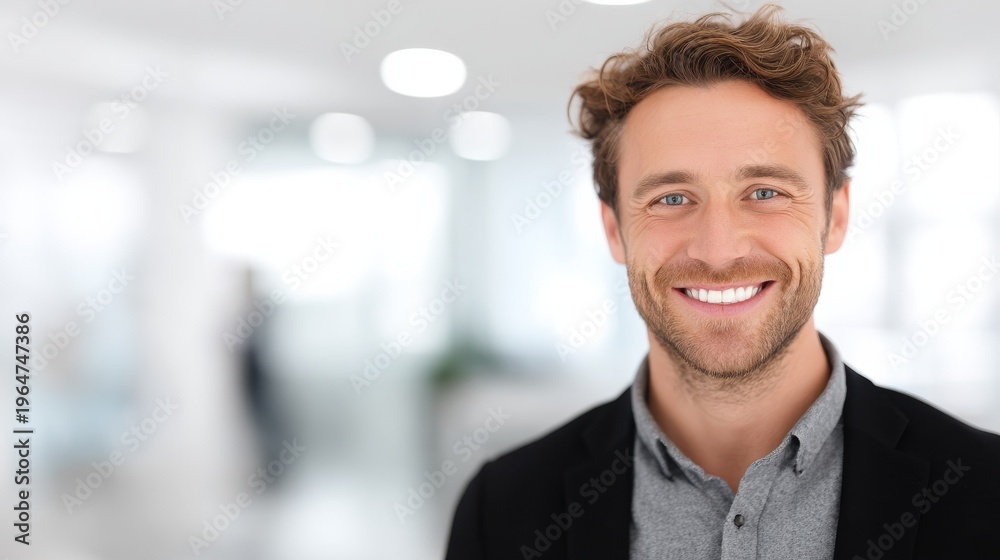 Obraz premium friendly person white background with blured businessbackground and natural sunlight
