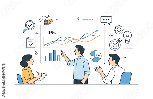 Marketing analytics review. Team members calmly analyzing performance graphs on a screen, pointing at trends and discussing improvements. Clean UI elements and