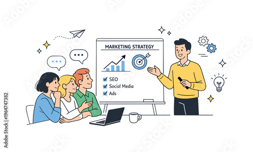 Team discussion with presentation. A presenter explaining marketing strategy using a simple board while others listen and react, creating a sense of structured