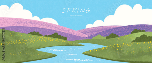 Beautiful spring landscape background with green hills, blooming yellow flowers, river and purple mountains in a modern flat style with grainy texture, vector illustration.