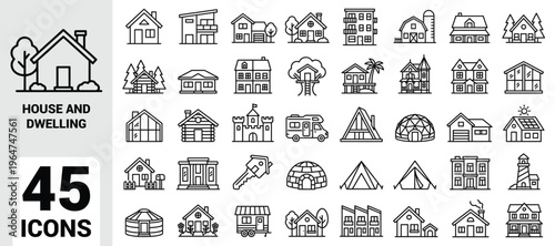 House and dwelling icon set featuring diverse global home types including cabins, apartments, farmhouses, treehouses, beach houses, castles, igloos, tents, yurts, and lighthouses