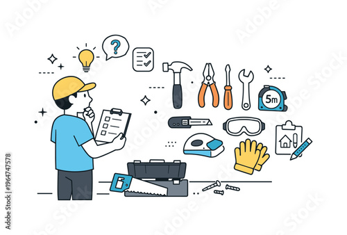 Tool selection and preparation. A character choosing tools from a simple organized set, reviewing what is needed before starting a DIY project. Clean layout
