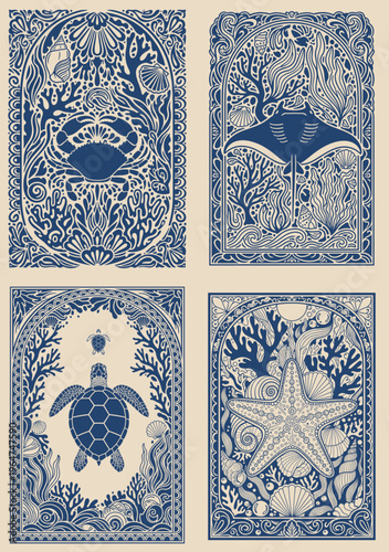 Art deco coastal animal print set of 4 with stingray starfish crab turtle