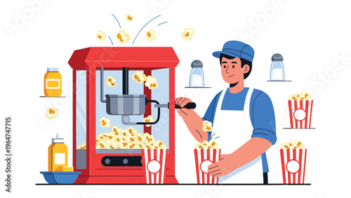 Popcorn Machine Magic: An illustration of a cheerful vendor preparing fresh, fluffy popcorn, surrounded by the tools and ingredients that make it happen.