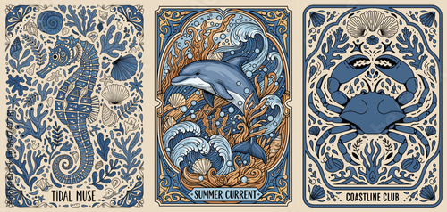 Art deco marine life illustration set of 3 prints with text on beige background