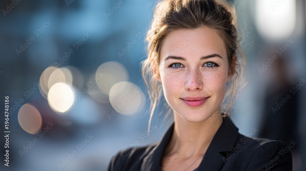 Obraz premium young businesswoman studio portrait with blured businessbackground and natural sunlight