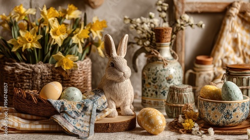Easter bunny decor with flowers and painted eggs